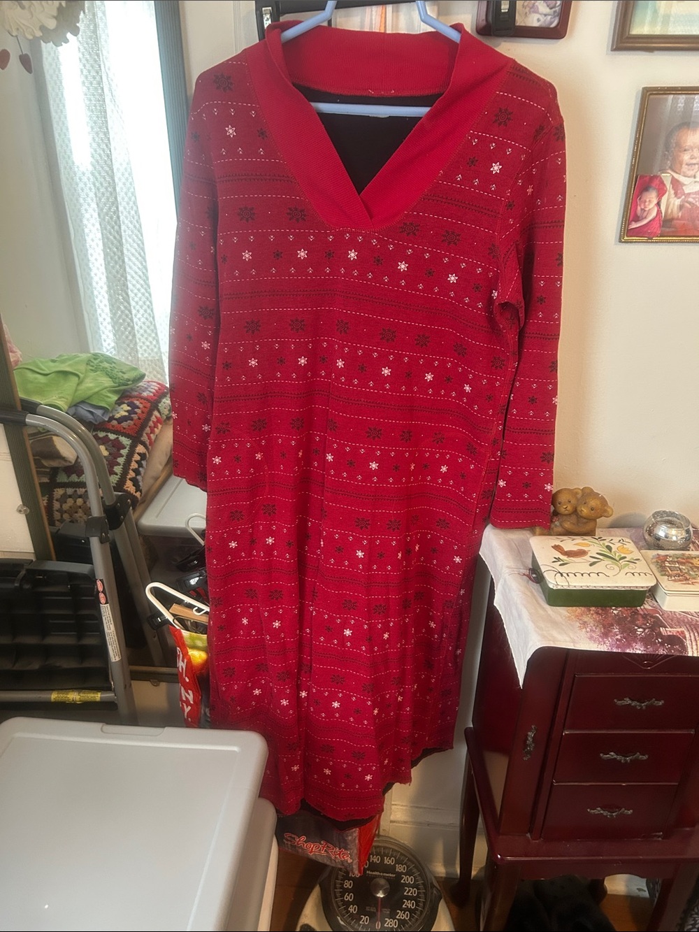 Red V-Neck Holiday Sweater Dress - Brand Unspecified